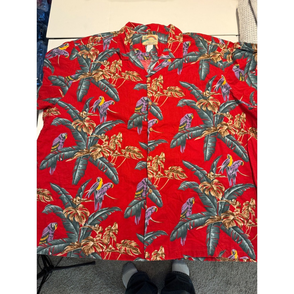 Paradise Found Mens 4XL Red Parrot Palm Tree Hawaiian Aloha Shirt Made in Hawaii